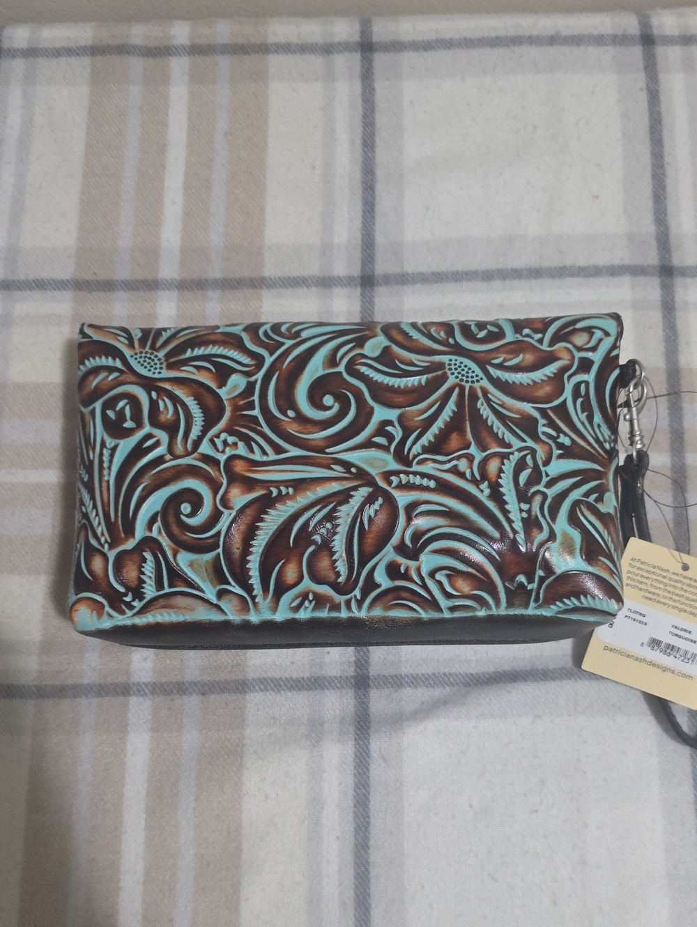 Tooled Floral Leather Wristlet - Turquoise & Brown